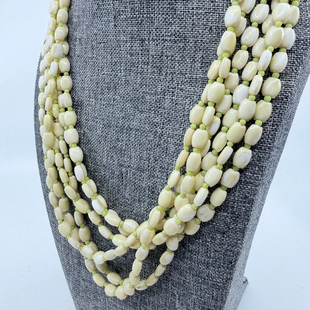 Cream Lime Green Multistrand Beaded Necklace Long Layered Chunky Boho Statement
